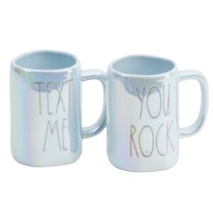 Rae Dunn Iridescent Blue Text Me You Rock Coffee Mugs NEW